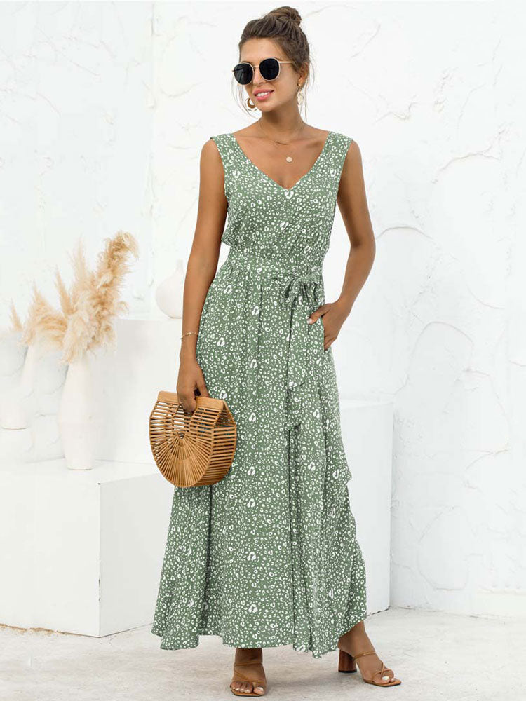 Vestido Longo Estampado de Cintura Alta