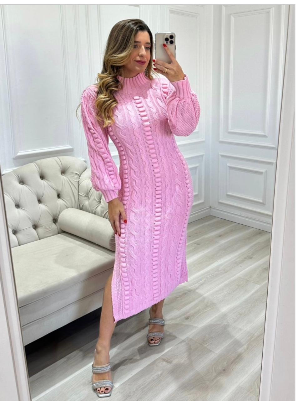 Vestido-de-Trico-Feminino-Luxo-Relevo-Rosa-Claro