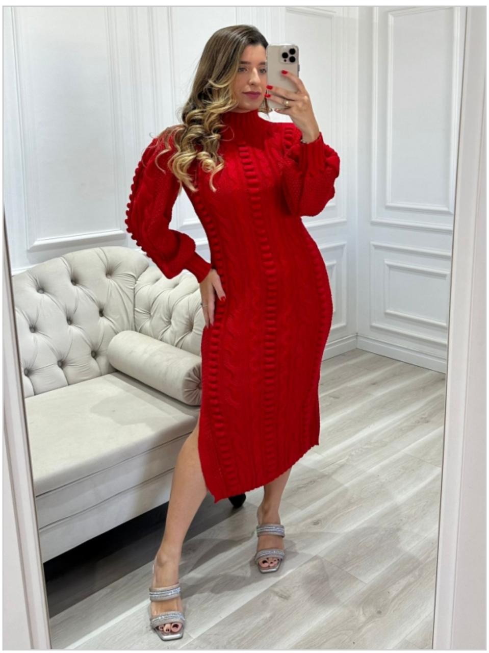 Vestido-de-Trico-Feminino-Luxo-Relevo-Vermelho